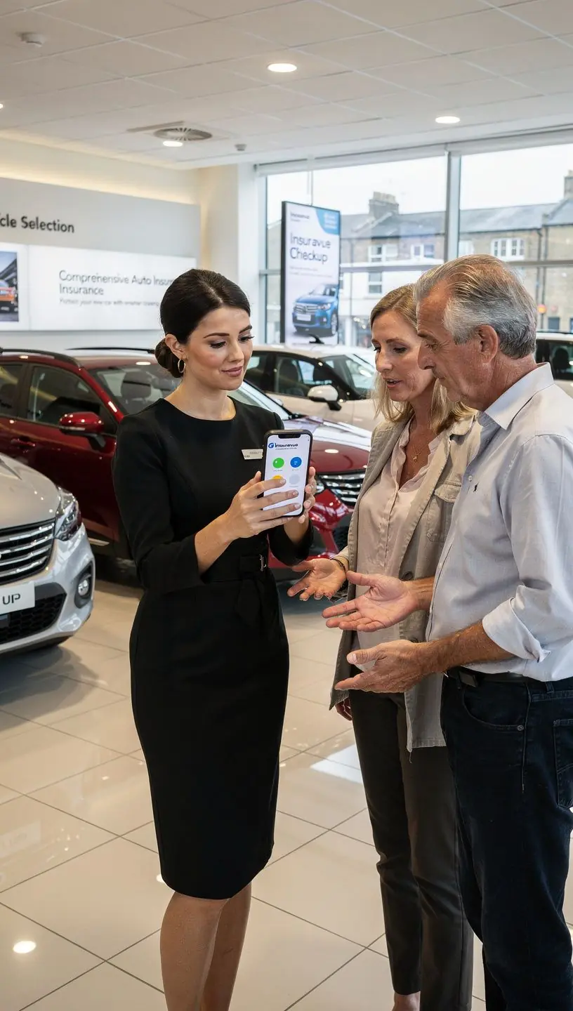 A person examining an auto insurance policy document with a calculator in hand.